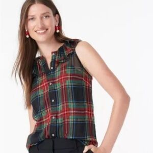 J Crew Sleeveless ruffle-collar plaid black VEUC